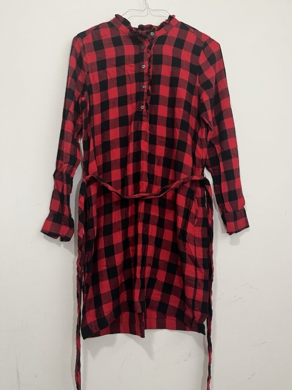 Gap Red Buffalo Plaid Long Sleeve Henley Flannel Shirt Dress Belted Sz S Holiday